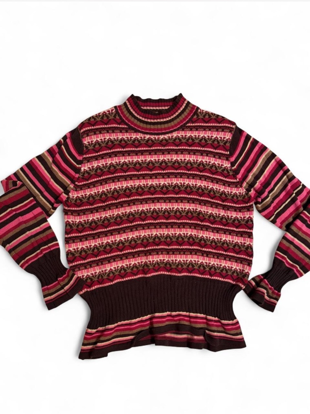 Tyler Boe Pink and Brown Stripe Fair Isle Turtleneck Sweater
